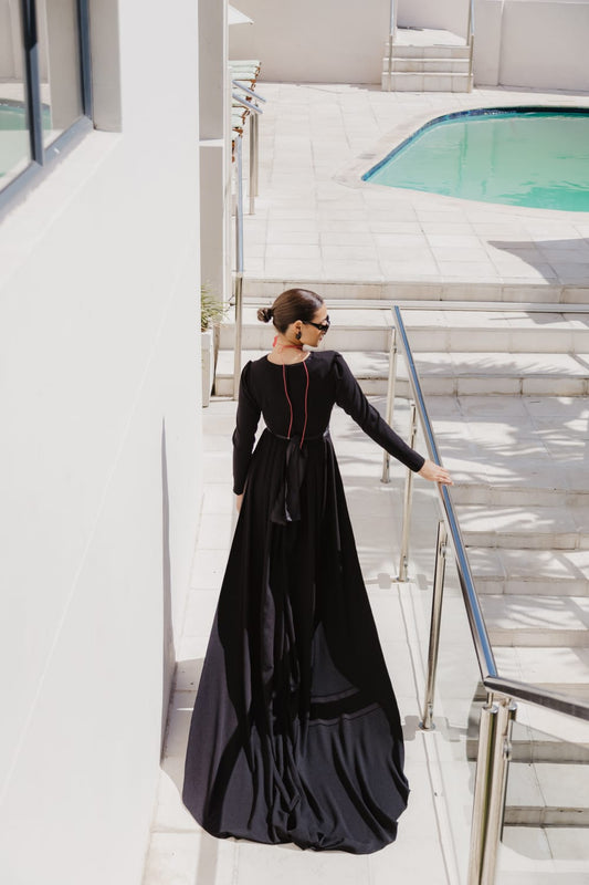Black dress with attached train