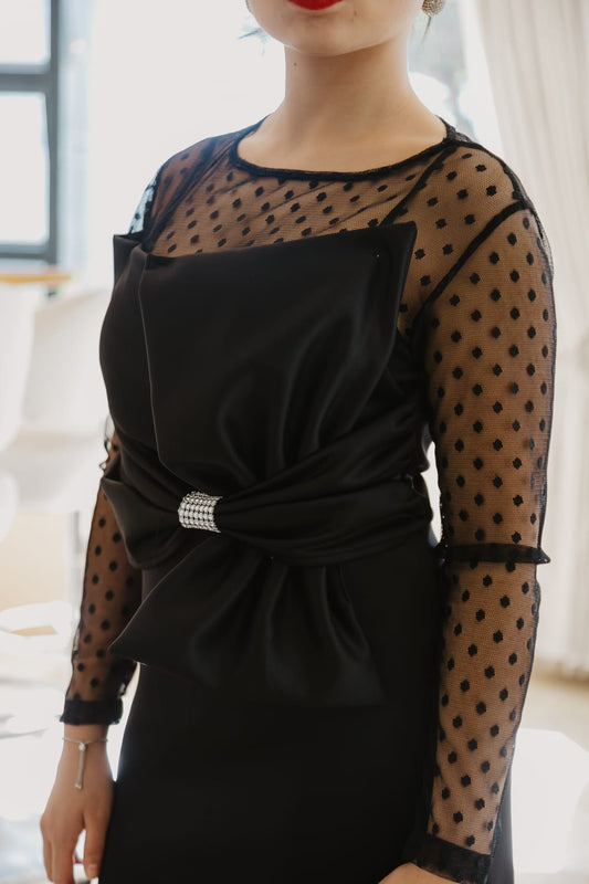 Black dotted mesh dress with bow detail